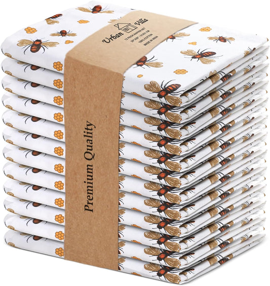 Urban Villa Dinner Napkins Honey Bee Print Cloth Napkins (Set of 12) Oversized 20x20 Inches 100% Cotton Premium Quality Soft Durable with Mitered Corners Reusable Washable Everyday Use Parties Napkins