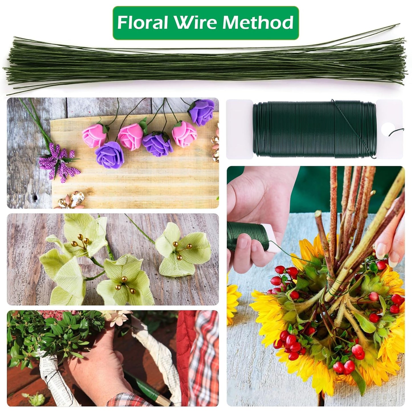 GLAMFIELDS Floral Arrangement Kit with Floral Tape, 26 Gauge Floral Stem Wire, 22 Gauge Floral Wire, Cutter, Boutonniere Flower pin for Bouquet Stem Wrapping, Floral Crafts and Wedding Bridal Bouquets