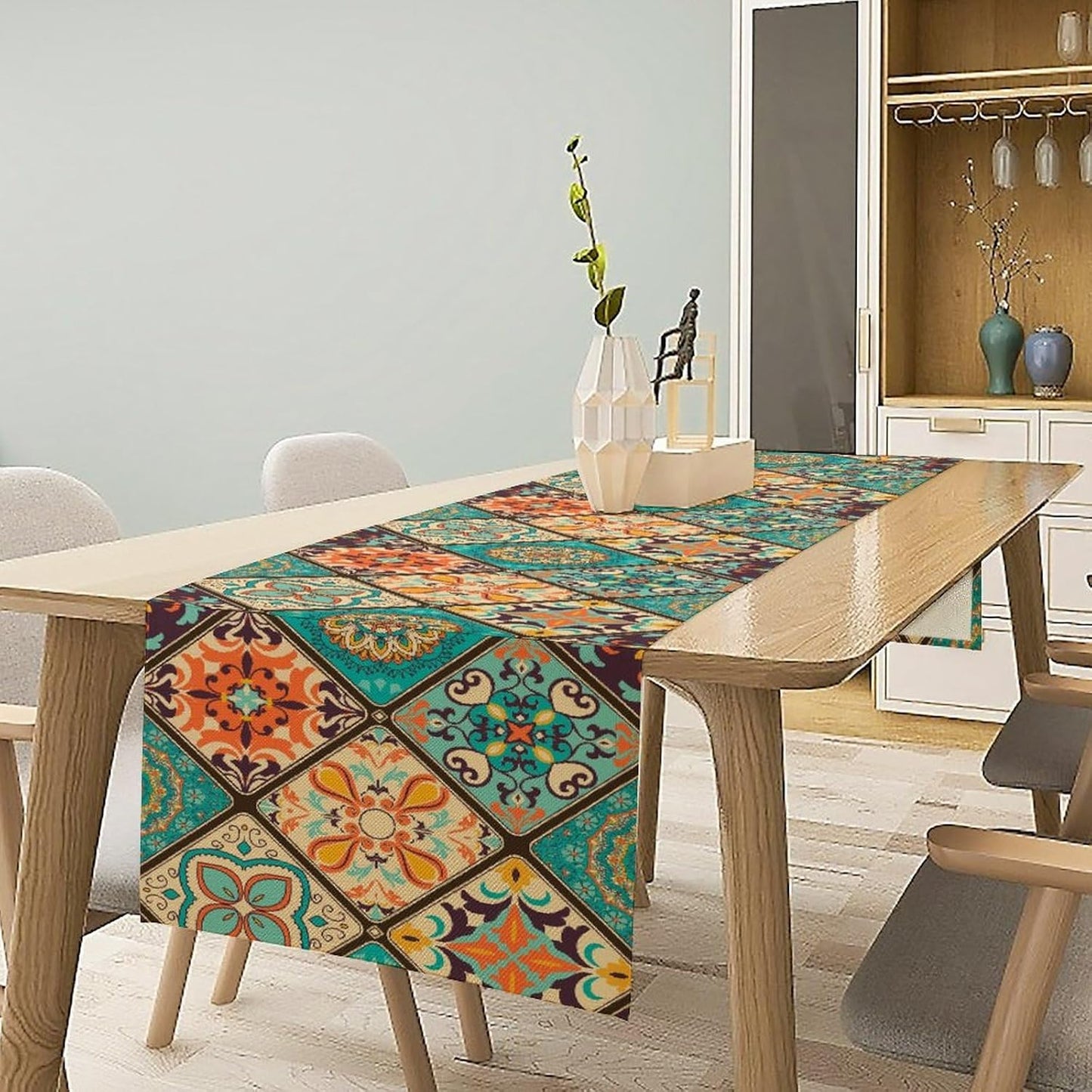 Boho Floral Table Runner,Vintage Bohemian Style Table Runner for Kitchen Dining Table Home Party Decoration 13x120 Inch