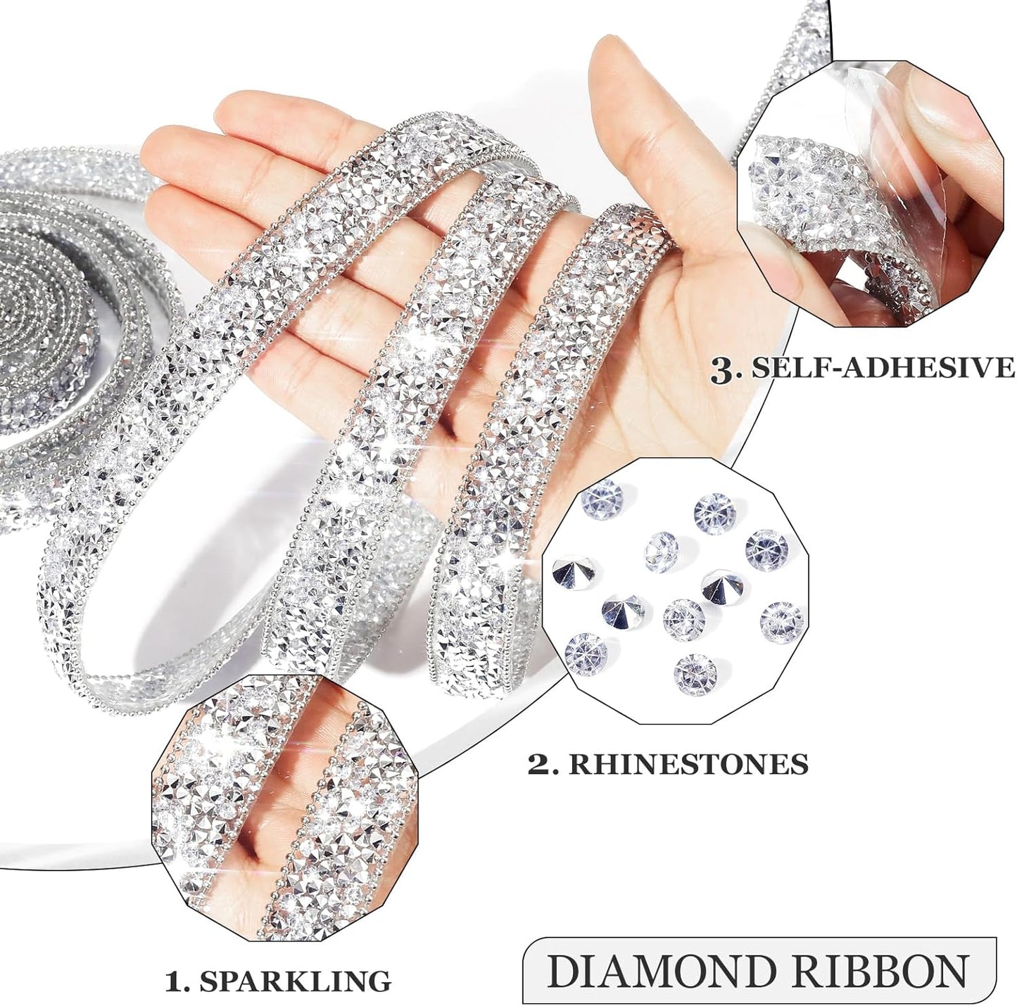 Rhinestone Ribbon 3 Yards Self Adhesive Rhinestone Strips Diamond Ribbon Sticker Crystal Roll Glitter Bling Rhinestones Tape for Crafting DIY Art Decoration (Silver,0.6 Inch)