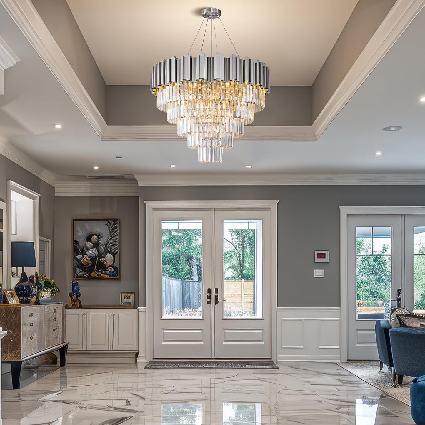 Modern Crystal Chandelier, 27.5" Silver Chandelier for Dining Room, 9-Light Luxury Round Chandeliers, 5-Tier Contemporary Light Fixture for Living Room, Bedroom, Foyer, Entryway