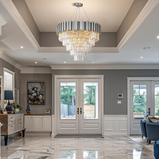 Modern Crystal Chandelier, 27.5" Silver Chandelier for Dining Room, 9-Light Luxury Round Chandeliers, 5-Tier Contemporary Light Fixture for Living Room, Bedroom, Foyer, Entryway