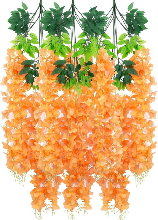 12 Pack Wisteria Hanging Artificial Fall Flowers Fake Flowers Ratta Hanging Garland Silk Flowers String for Home Garden Party Wedding Backdrop Arch Decor (Orange)