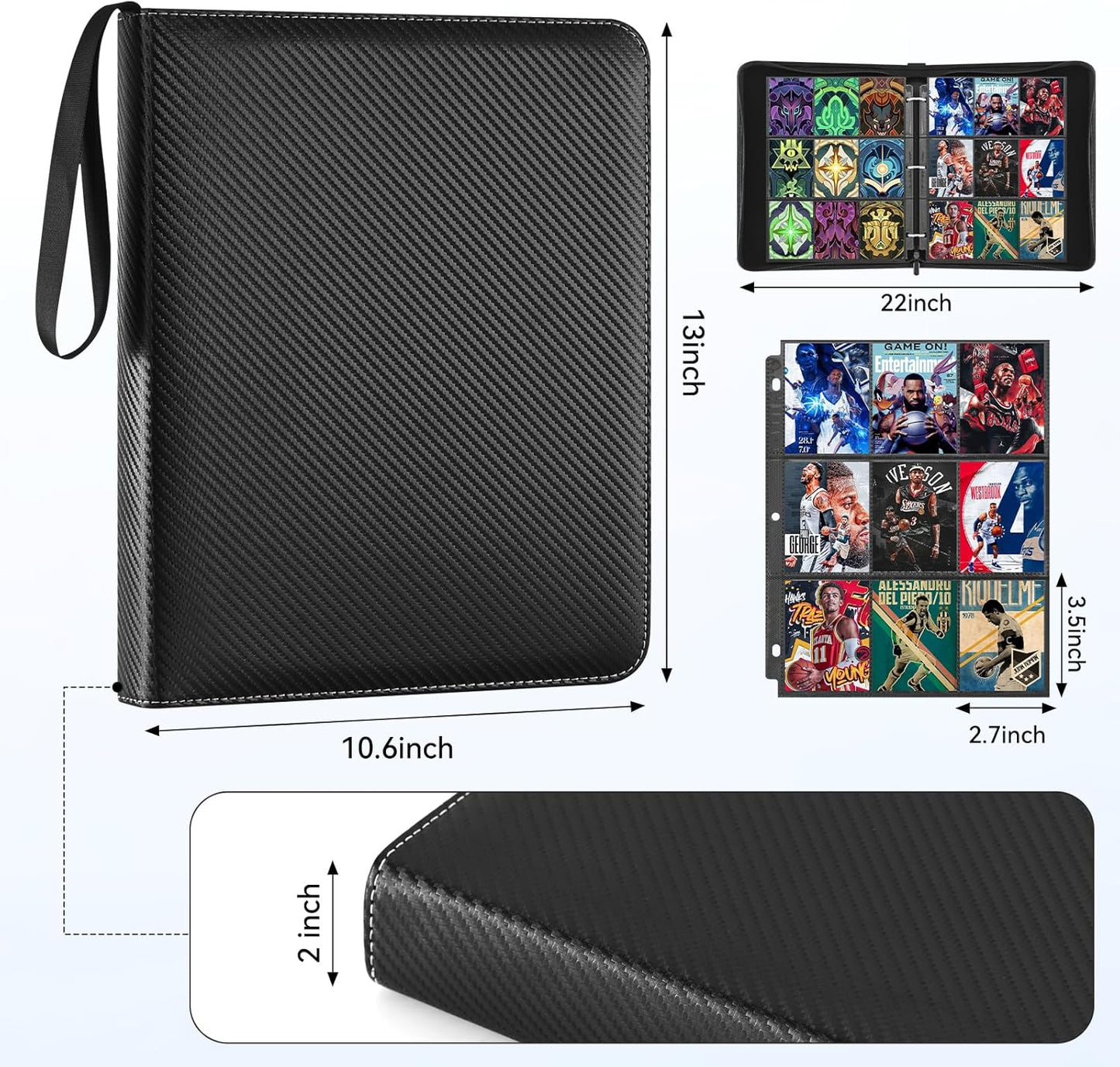 9 Pocket Card Binder, 900 Double Sided Pockets, PU Collection Binder for MTG, TCG, Sports Cards, Black (Carbon Black)