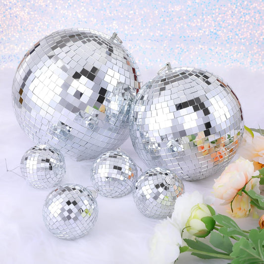 Large Mirror Disco Ball Bright Hanging Disco Ball: 6 Pcs Silver Reflective Mirror Ball - Disco Party 70s Ballroom Dance Music Festivals Decoration (10'', 8'', 3.2'')