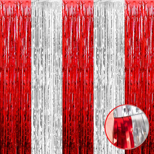 4 Pack Silver Red Foil Fringe Curtain Backdrop, 3.28Ft x 8.2Ft Metallic Tinsel Foil Fringe Streamers Curtains for Photo Booth, Wedding, Circus Welcome Carnival Birthday Party Decoration