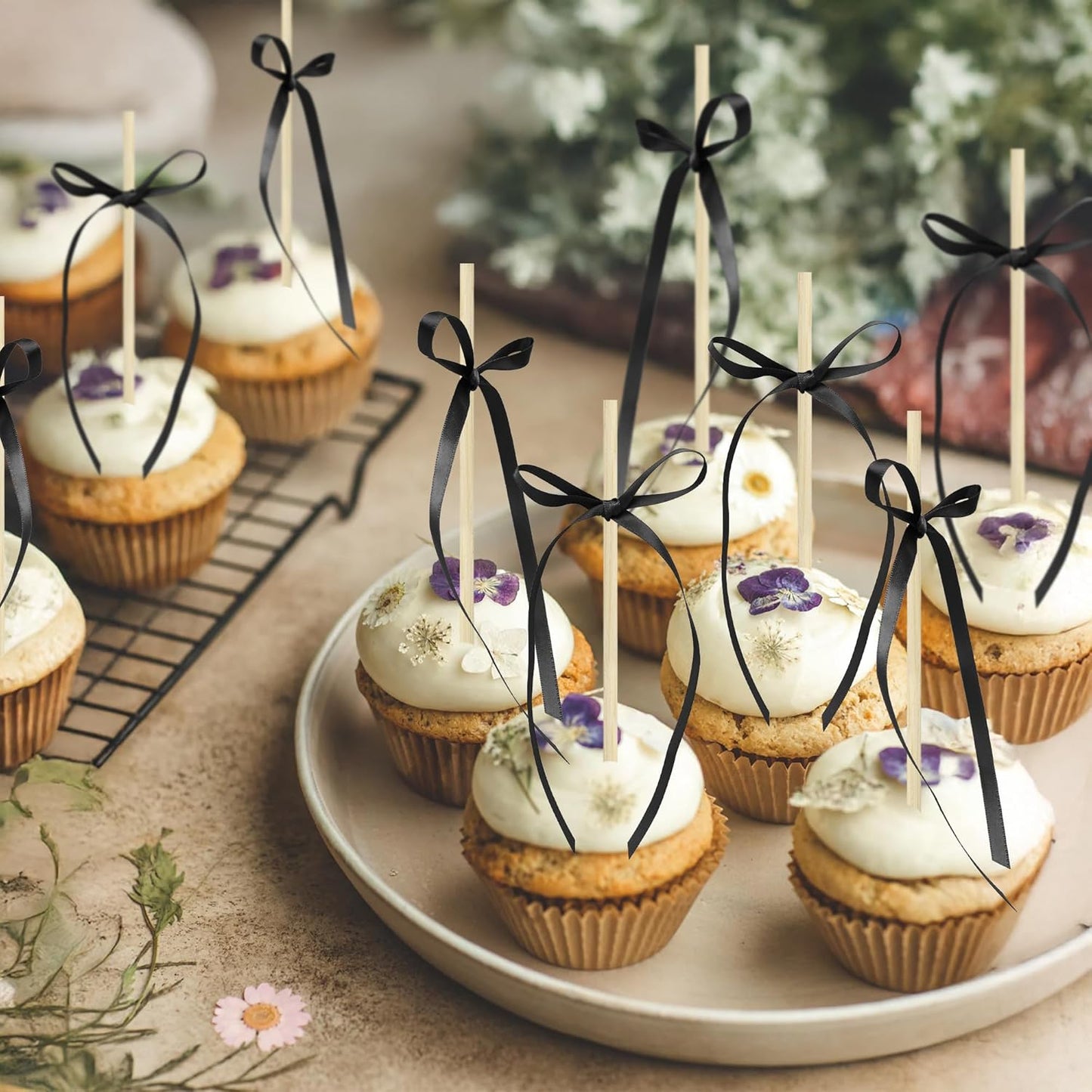 Ephlyn 30Pcs Bow Cupcake Toppers Valentine's Bowknot Ribbons Coquette Bow High Footed Cup Balloon Wall Party Decorations Cake Dessert Picks Birthday Wedding Party Supplies Black