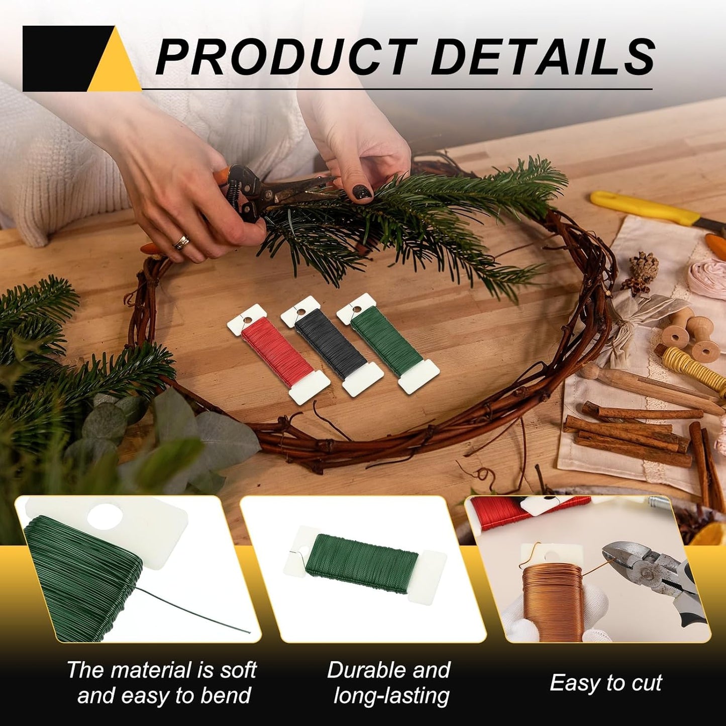 MECCANIXITY 114 Yards/345 Feet 27 Gauge Metal Floral Wire Green Flexible Paddle Thin Floral Wires for Craft, Christmas Wreath, Flower Arrangement, Wedding, Total 3 Roll