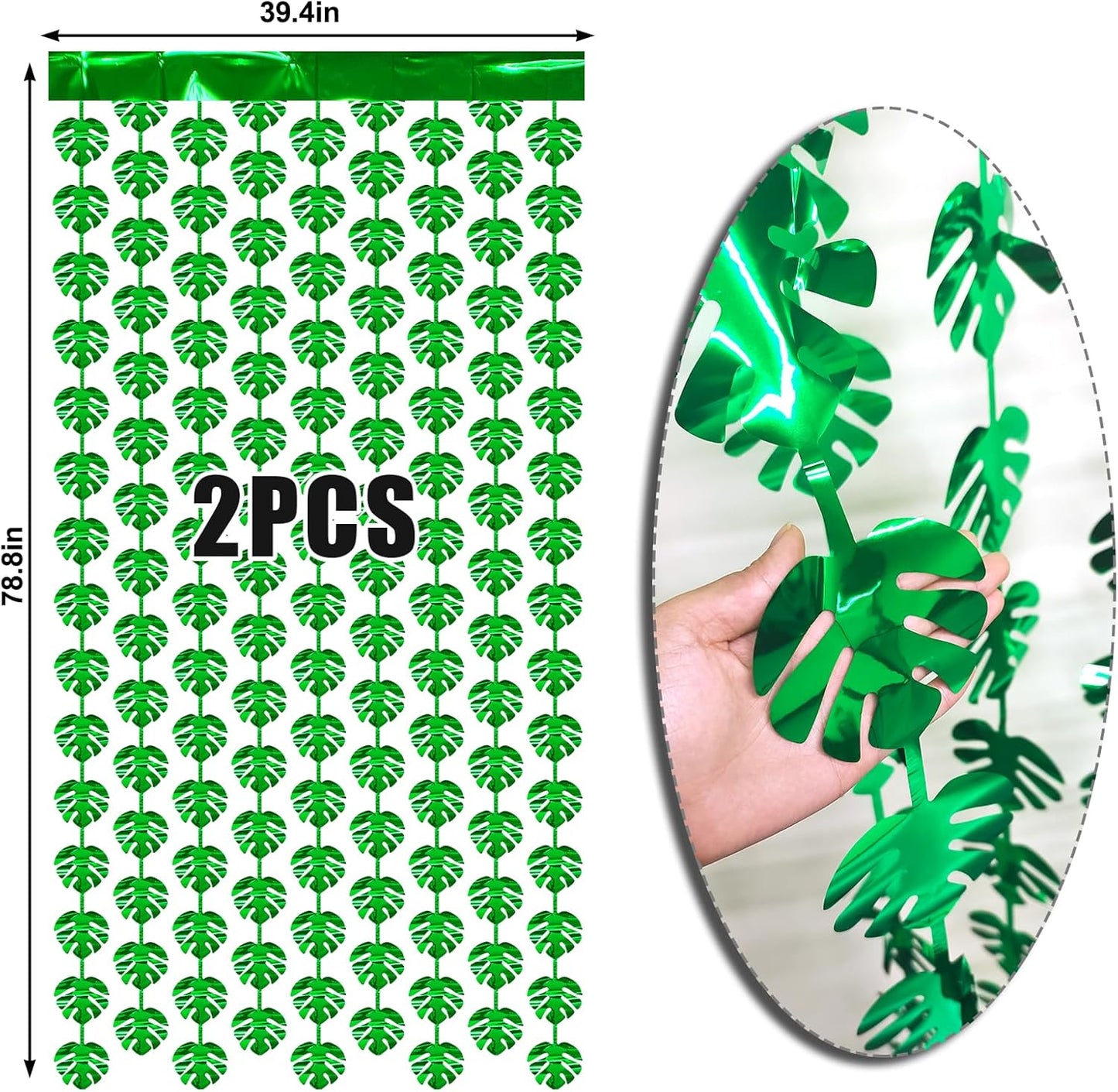 2 Packs Jungle Leaf Foil Fringe Curtain, Green Glitter Tropical Palm Leaves Metallic Tinsel Backdrop for Safari Birthday, Baby Shower, Hawaiian Aloha Luau Party Decorations Supplies
