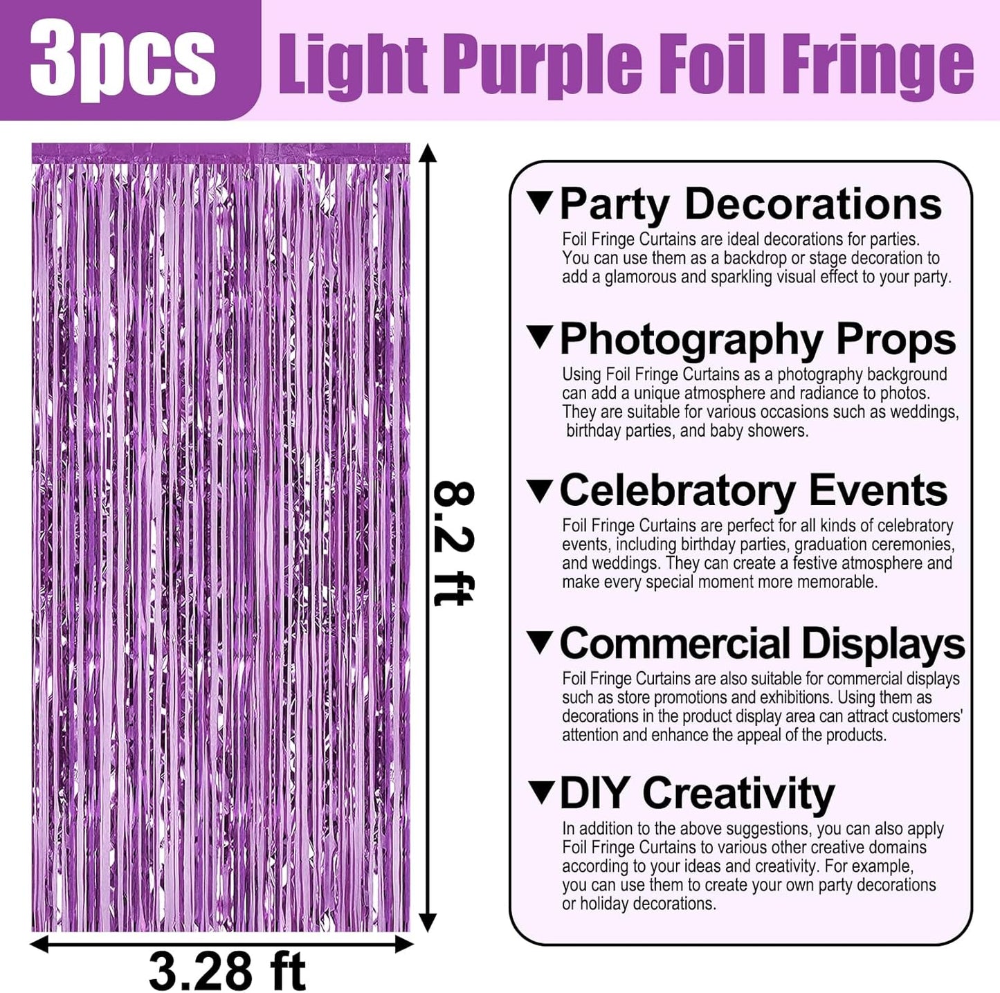 3 Pack Light Purple Foil Fringe Curtain Backdrop, 3.28Ft x 8.2Ft Metallic Tinsel Foil Fringe Streamer Curtains for Photo Booth, Christmas Day, Thanksgiving, Wedding, New Year Party Decorations