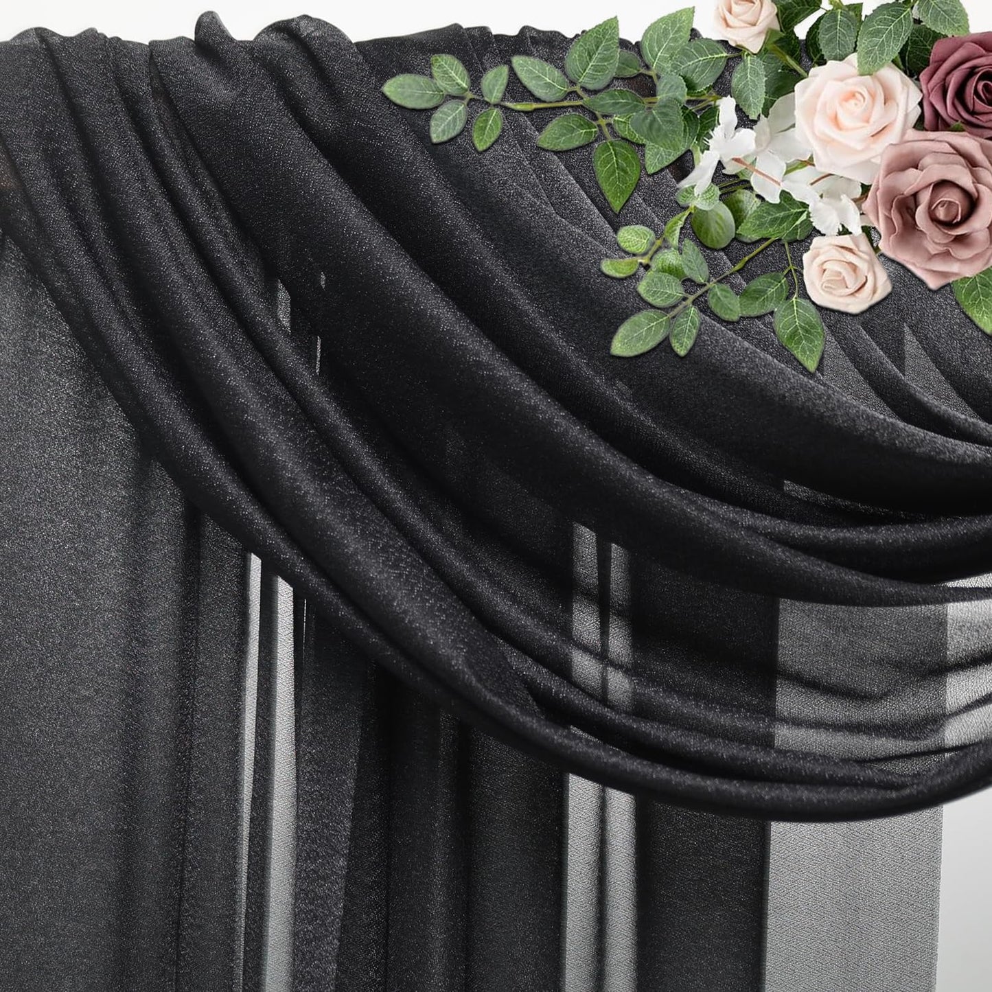 Wedding Arch Draping Fabric 2 Panels 28.7" x 20FT Black Sheer Chiffon Backdrop Drapes for Wedding Ceremony Birthday Party Bridal Shower Outdoor Decoration