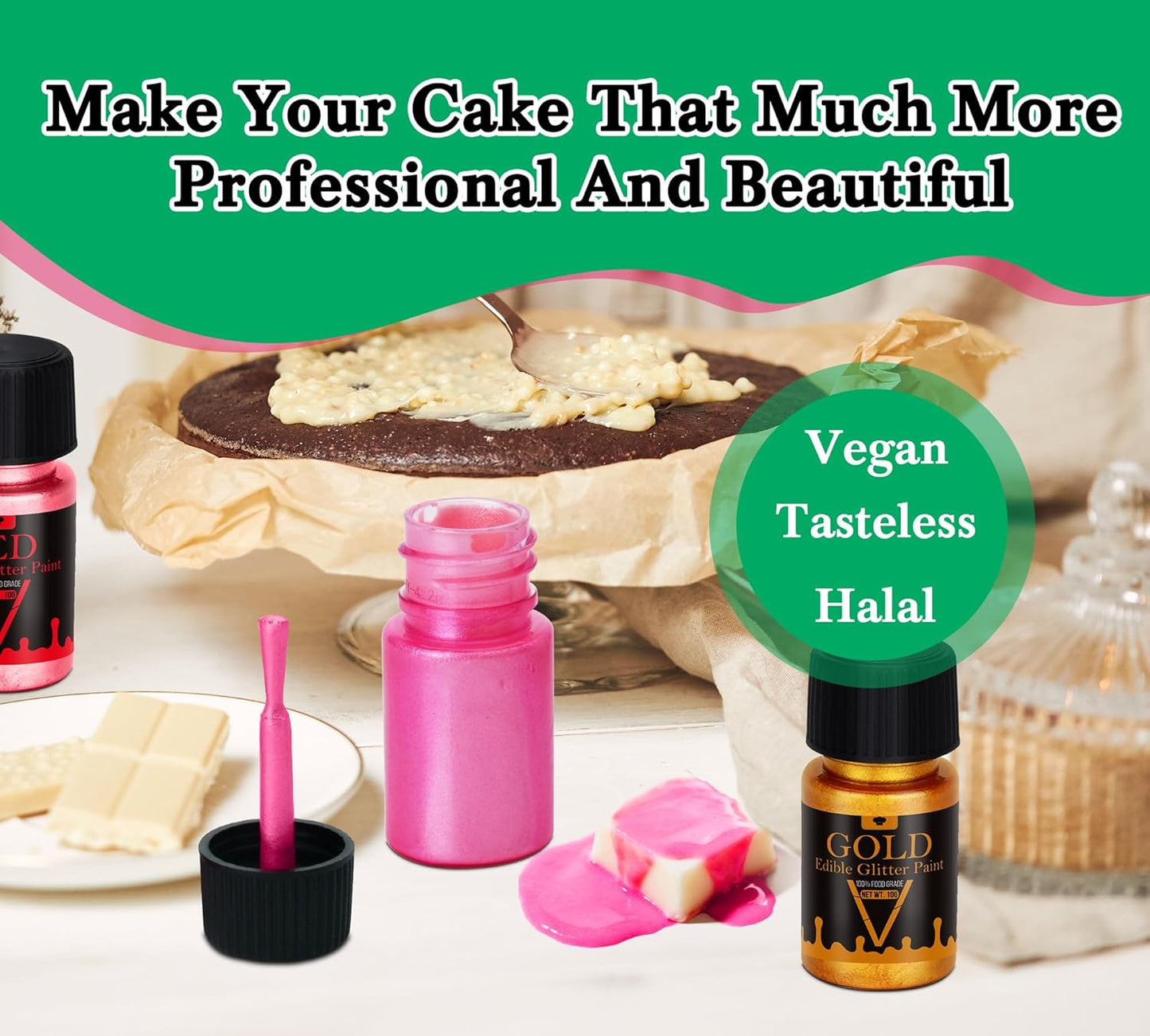 Edible Glitter Paint - 6 Colors Food Grade Edible Paint for Cake, Chocolate, Cupcakes, Cocktail, Shimmer Decorative Paint Liquid Food Coloring for Halloween Candy, Drinks, Baking, 6x10g