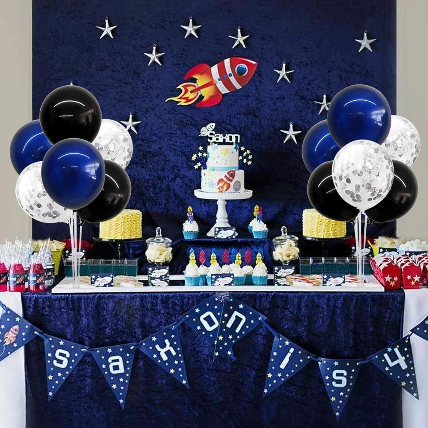 TONIFUL 4 Set Black Blue Silver Confetti Balloon Centerpieces for Table,Balloon Stand Kit for Graduation Decorations 2025 Blue Party Decorations,Retirement,Anniversary,Birthday Decoration for men