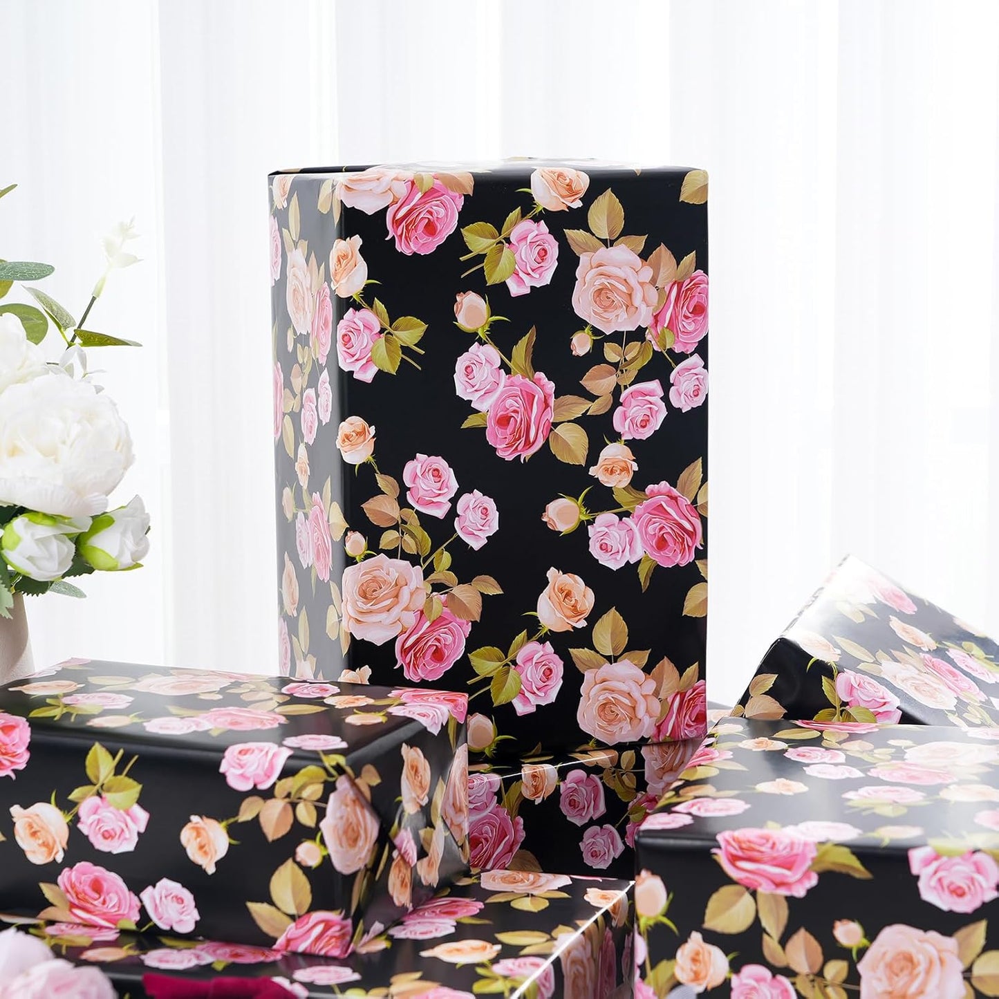 Ulmasinn Floral Wrapping Paper Roll - 17 Inches x 33 Feet - Vintage Romantic Pink Rose Flower Gift Wrap with Cut Lines for Wedding, Birthday, Bridal Shower, Mother’s Day