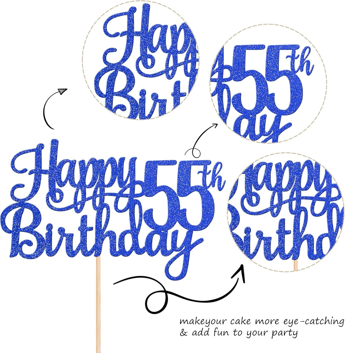 1 PCS Happy 55th Birthday Cake Topper Glitter Cheers to 55 Years Birthday Cake Pick Fifty Five 55 Fabulous Cake Decoration for Happy 55th Birthday Theme Party Decorations Supplies Blue