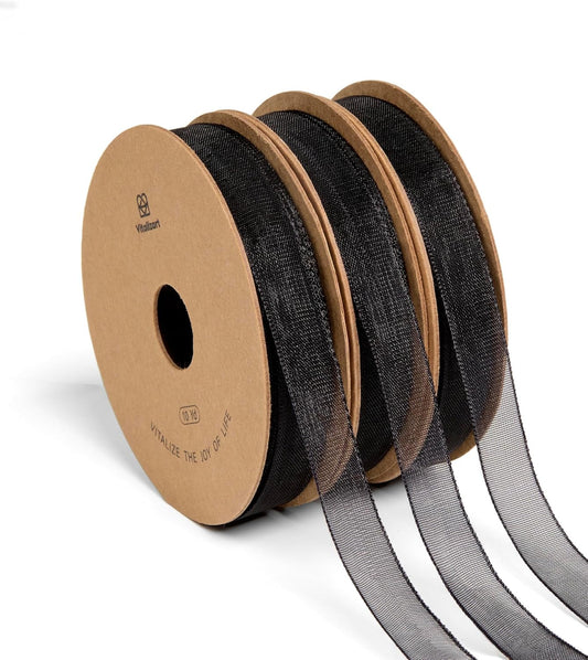 Vitalizart 3/8" x 30Yd Organza Ribbon Black Sheer Ribbons Set 10 Yd x 3 Rolls Handmade Eco-Friendly for Gift Wrapping Christmas Tree Crafts Bows Wedding Invitations Wreaths Wrap