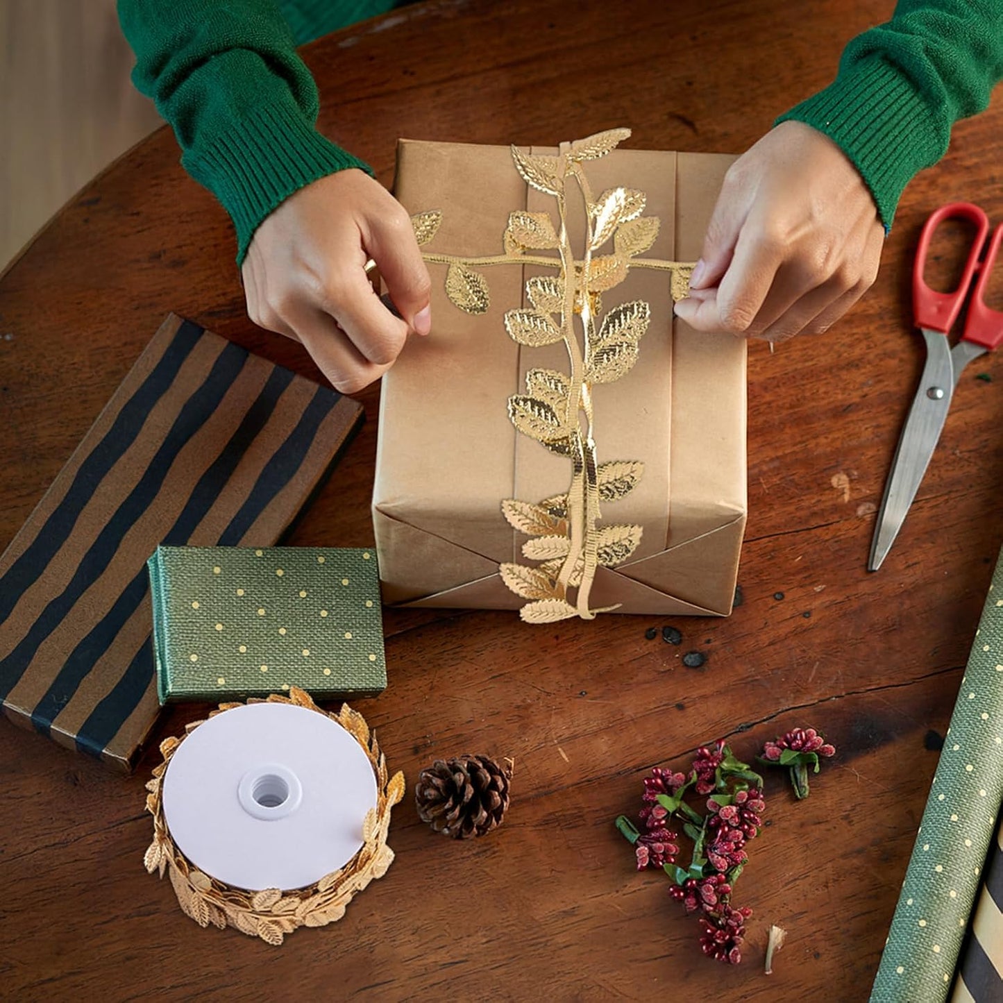 IHKFILAN 21.9Yards Gold Leaf Ribbon,Artificial Leaf Ribbon,Gold Leaf Trim for DIY Craft Garland Wrapping,Baby Shower Party,Wedding,Cake,Garland Hair & Home Decorations(Golden)