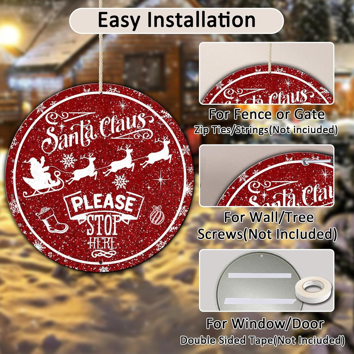 Round Metal Tin Sign - Santa Sleigh Reindeer Vintage Sign - Santa Claus Please Stop Here Sign for Christmas Living Room Bedroom Coffee Bar - 8 * 8 in