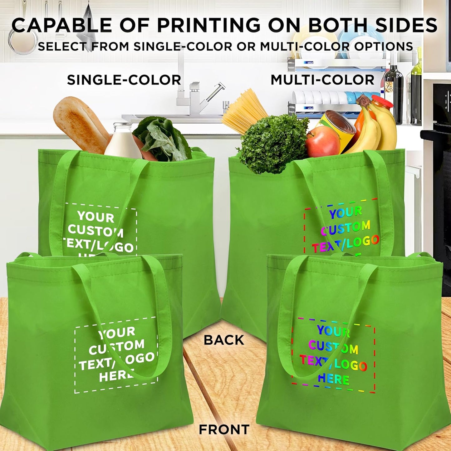 DISCOUNT PROMOS Custom Southern Style Grocery Tote Bags Set of 10 - Personalized Bulk Pack, Reusable Grocery & Shopping Bags - Great for Travel, Business Promotions - Lime Green - 20"X13"X8"