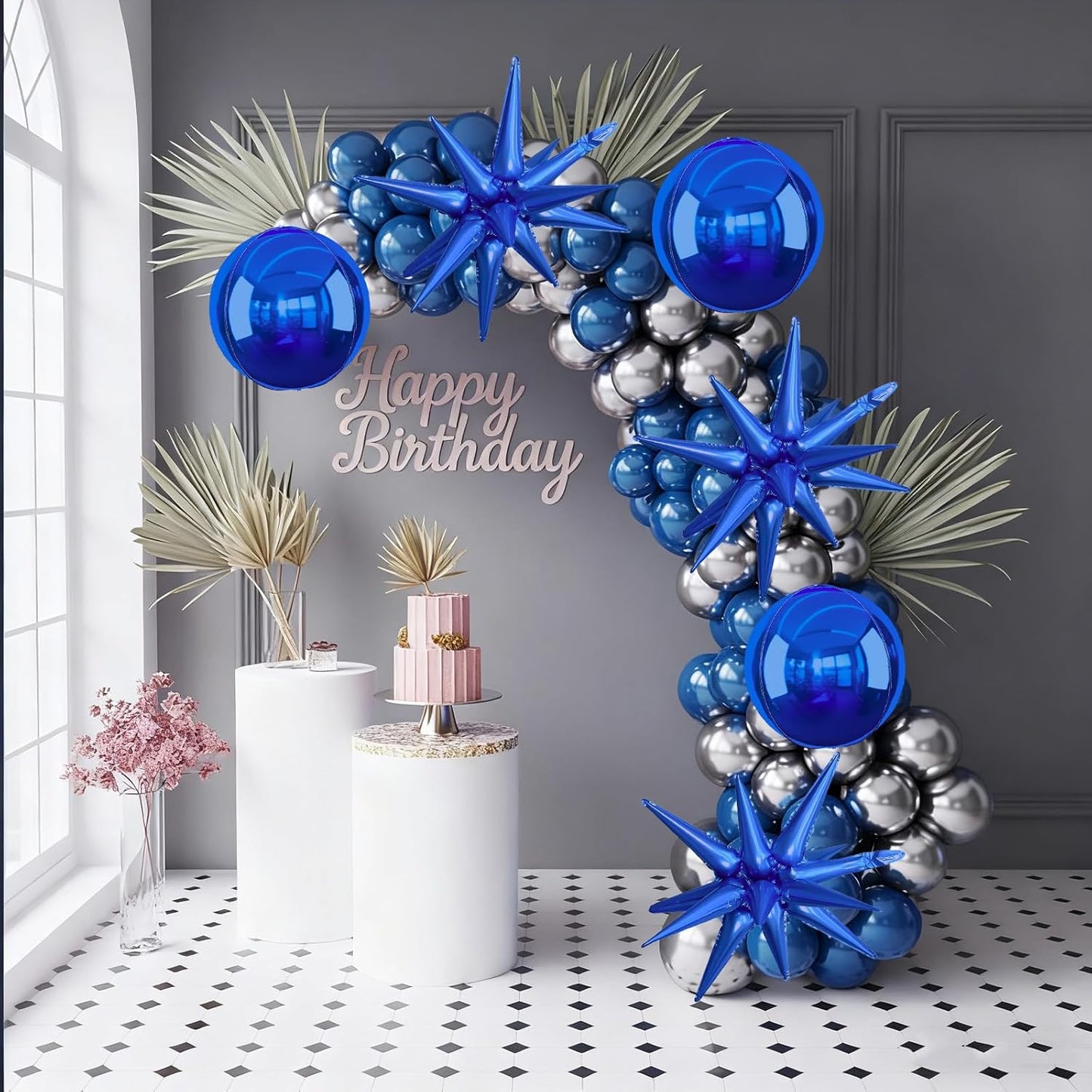 6Pcs Navy Blue Foil Balloons,22Inch Royal Blue 4D Round Ball Balloon and Explosion Star Balloon for Birthday Wedding Baby Shower Anniversary Party Decorations