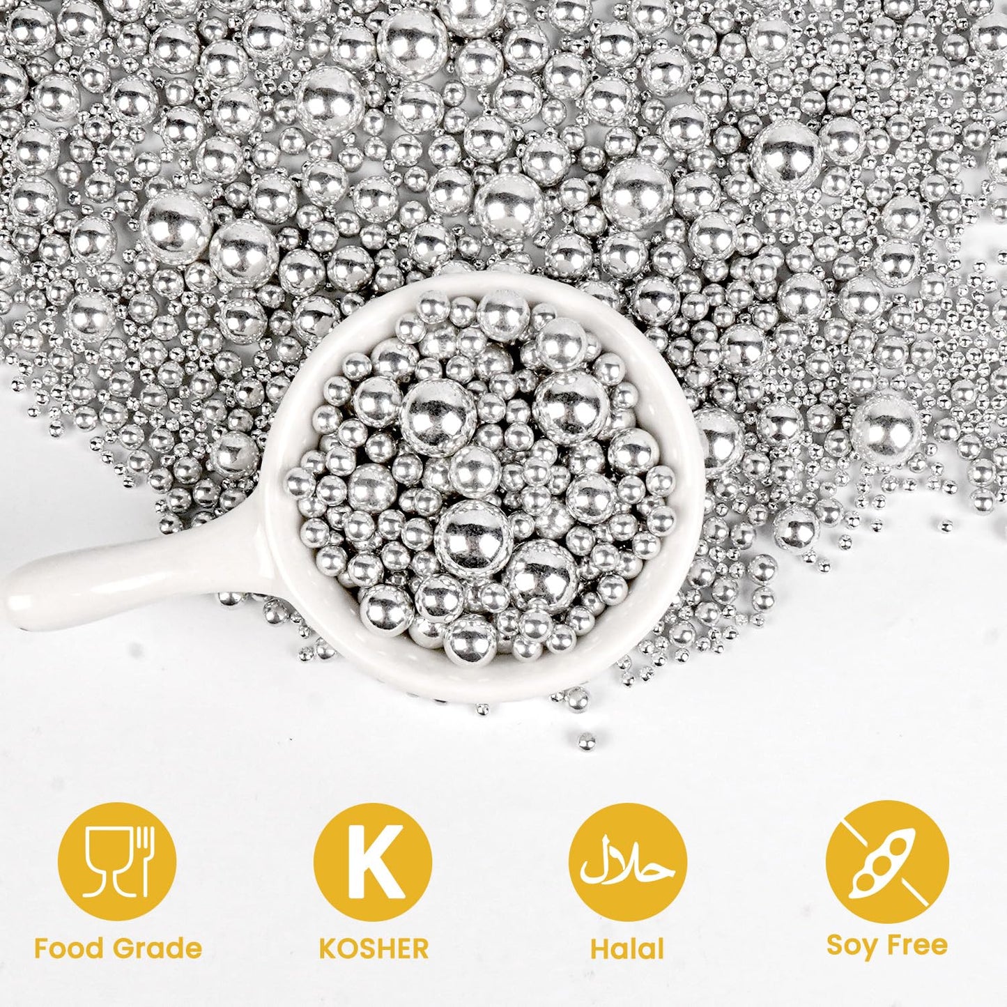 Edible Silver Pearl Sugar Sprinkles, Silver Pearls for Cake Decorating, Mix Size, 180g/6.35oz, Cake Decorations, Cupcake Toppers, Cookie Decoration, Wedding Party Supplies