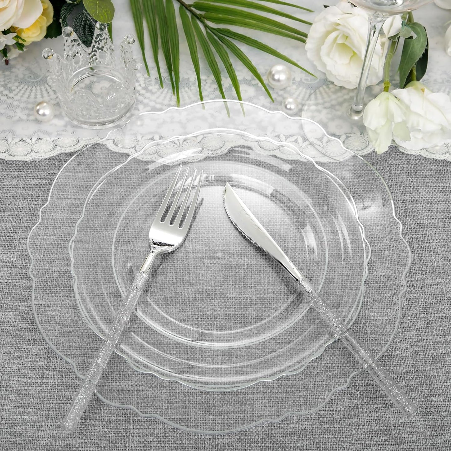 Liacere 150PCS Clear Silver Plastic Plates & Disposable Silver Plastic Silverware with Glitter Bamboo Handle Cutlery-Baroque Clear Disposable Plates for Wedding & Easter day & Mother's Day