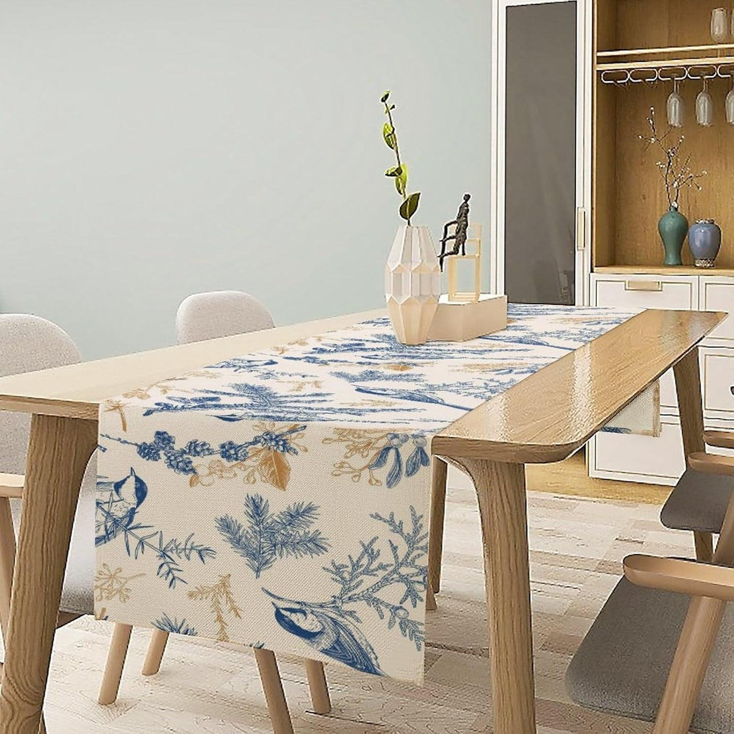 Floral Table Runner,Sketch Birds and Flowers Summer Table Runner Kitchen Dining Table Decoration for Home Party Decor 13x108 Inch