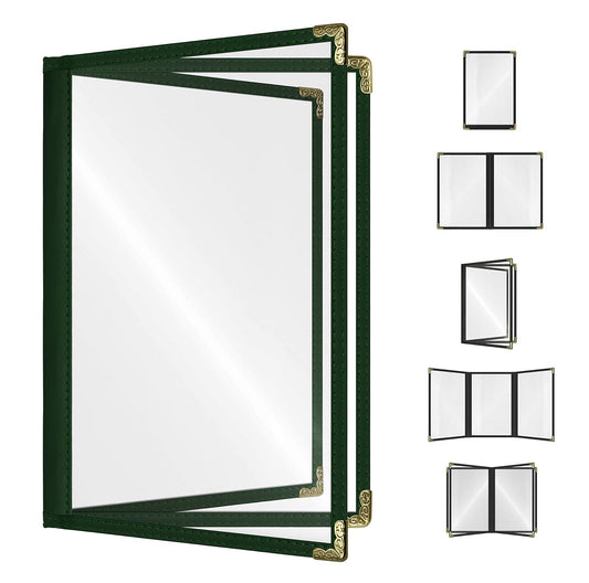 Goodsmart Restaurant Menu Covers – 25 Pack Green 6-View Booklet 5.5" x 8.5", Side-Loading Vinyl & Plastic Menu Holders, Clear Menu Sleeves, Leather-Style Café Covers with Gold Corners