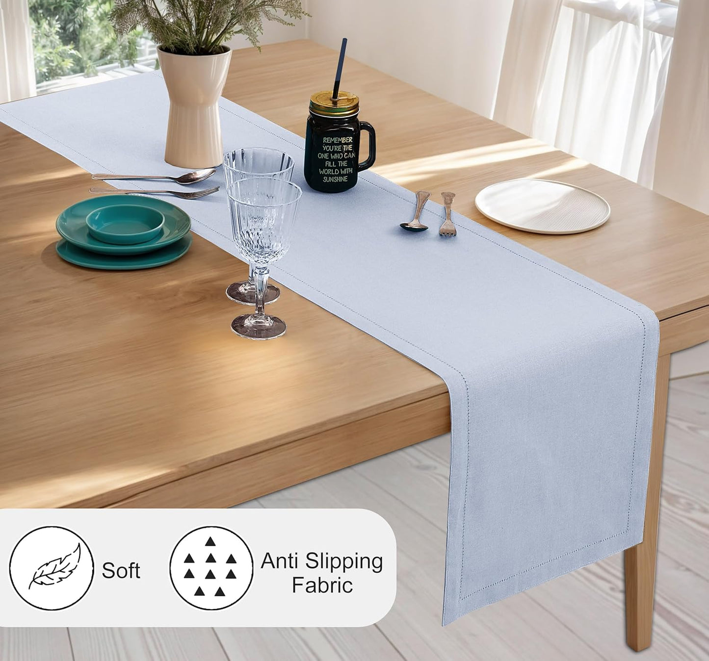 Ruvanti Linen Table Runner 90 Inches, Classic Hemstitch, Washable, Reusable, Non-Slipping, Stain Resistant- Perfect for Parties, Weddings, Dinners, Thanksgiving, Christmas, Indoor use – Arctic Ice