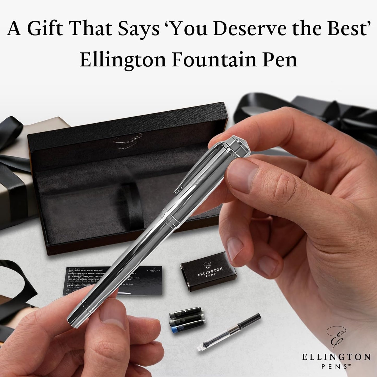 Ellington Pens Luxury Fountain Pen Set- Fountain Pens for Writing - Smooth Fine Nib - Includes Refillable Ink Converter, 3 Ink Cartridges [Black & Blue], Gift Box - Elegant Calligraphy