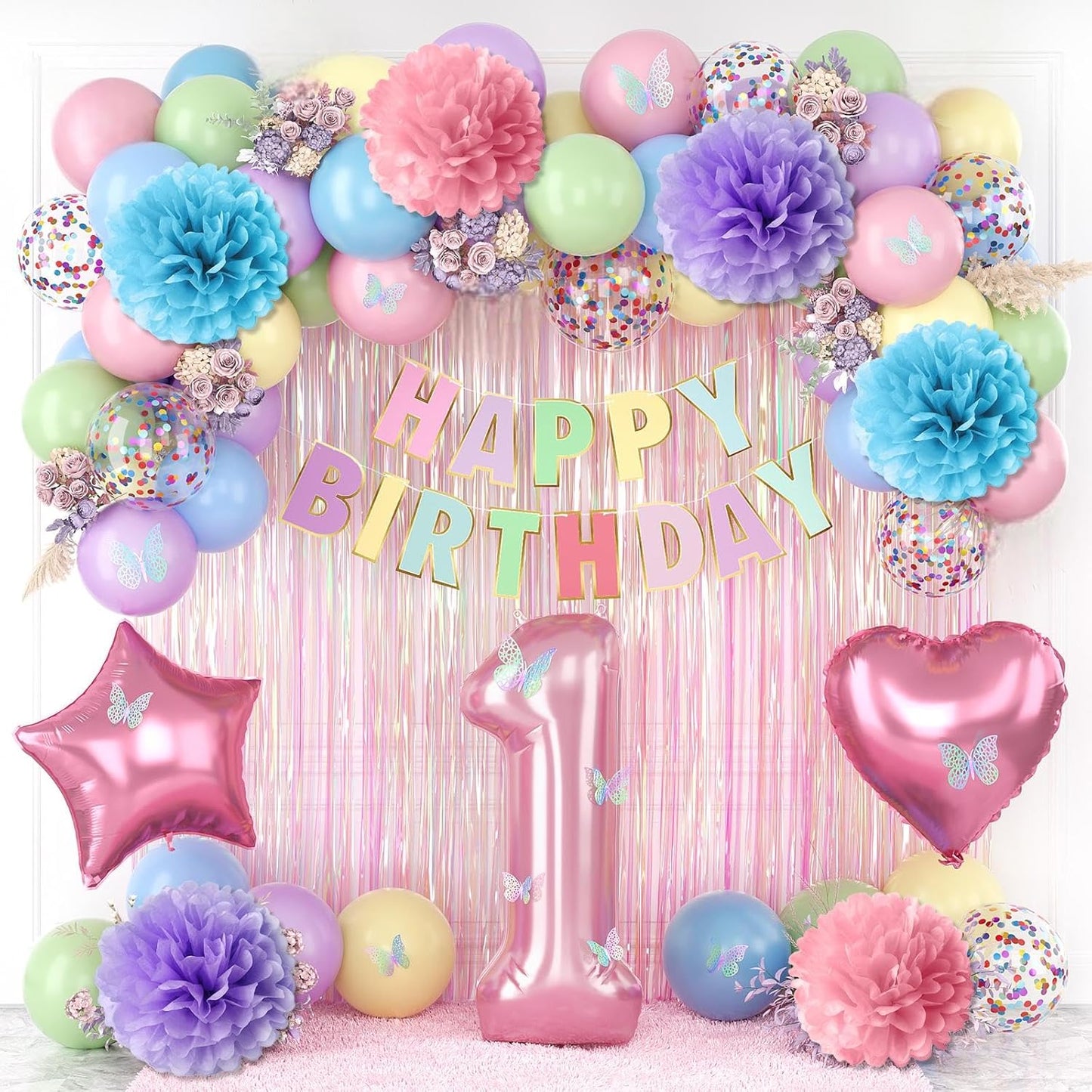 Pastel 1st Birthday Party Decorations for Girls Number 1 Balloon Happy Birthday Banner Butterfly Stickers Fringe Curtain Paper Pom Poms Macaron Pink Star Foil Colorful Balloons Baby 1 Year Old Decor
