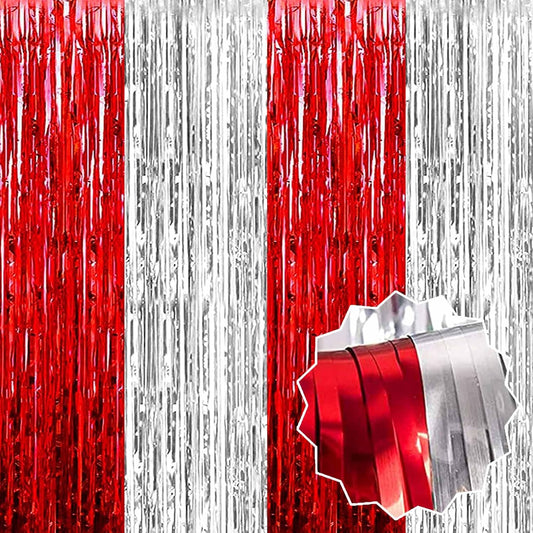 3 Pack Red Silver Foil Fringe Curtains Backdrop, 3.28 x 9.8 Ft Metallic Streamers Tinsel Curtains Background for Photo Booth, Carnivals, Birthdays, Weddings, New Year Party Decorations