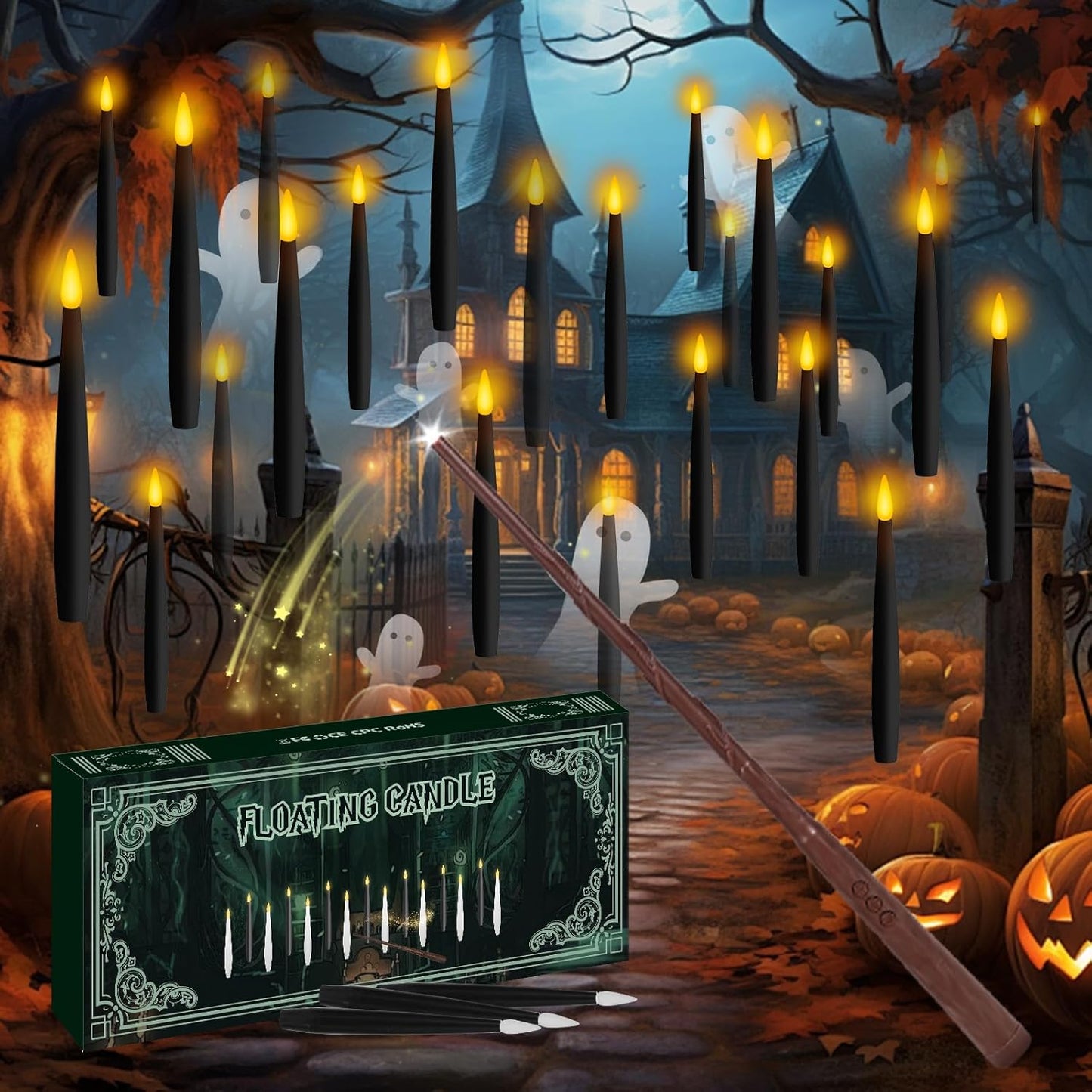 NURADA Floating Candles with Wand Remote Timer - 24 Pcs Magic LED Hanging Flameless Taper Candles Flickering Battery Operated for Birthday Theme Party Holiday Home Halloween Decor - Black