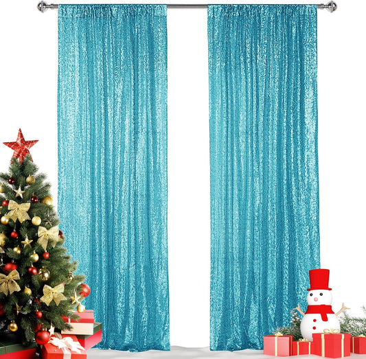 Hahuho Turquoise Sequin Backdrop Curtain, 2PCS 2FTx8FT Glitter Backdrop Curtain for Parties, Christmas, Wedding, Party Decoration（2 Panels, 2FT x 8FT, Turquoise