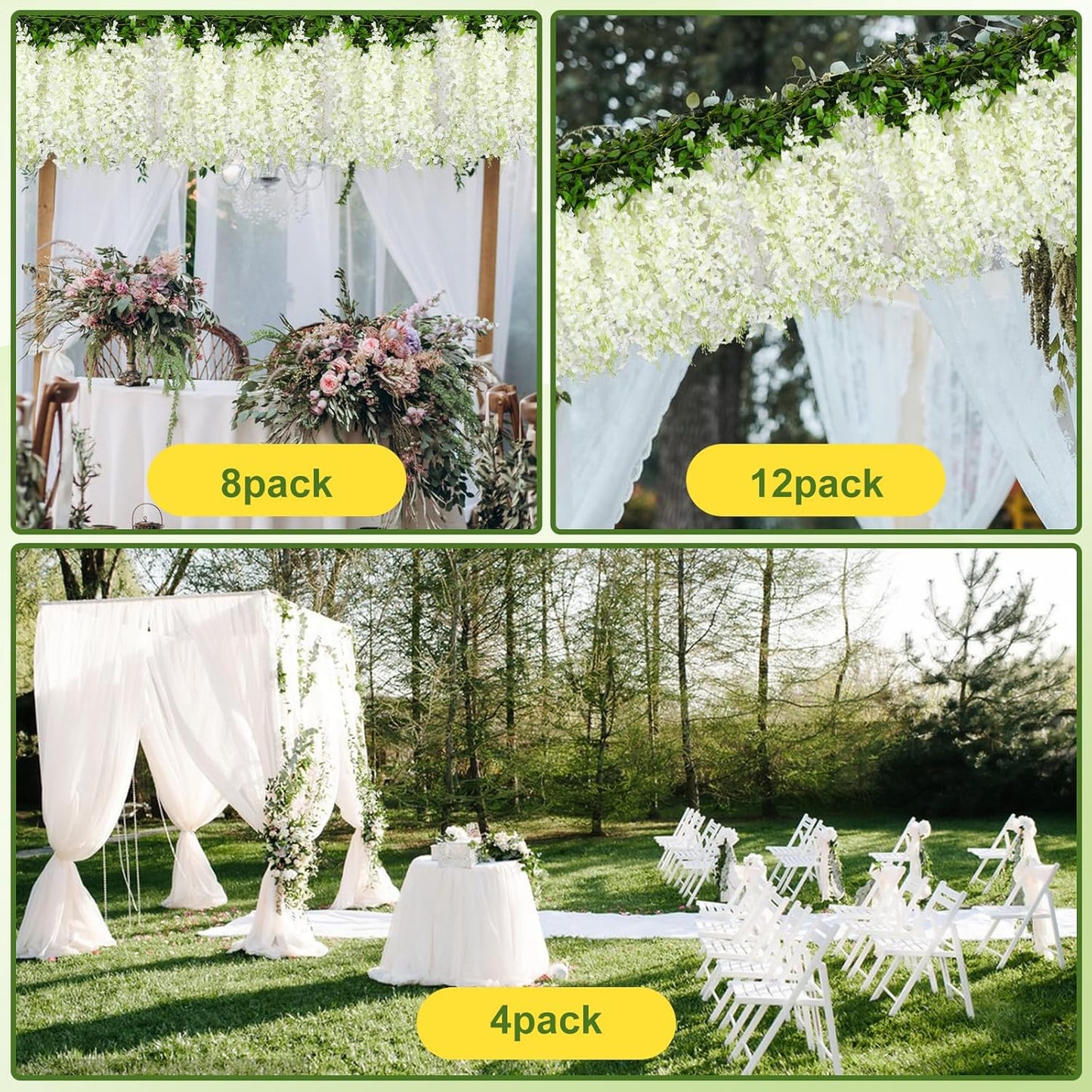Wisteria Artificial Flowers Garland，10Pcs Total 60ft Silk Fake White Wisteria Flowers Hanging for Home Garden Wedding Arch Party Indoor Outdoor Decor