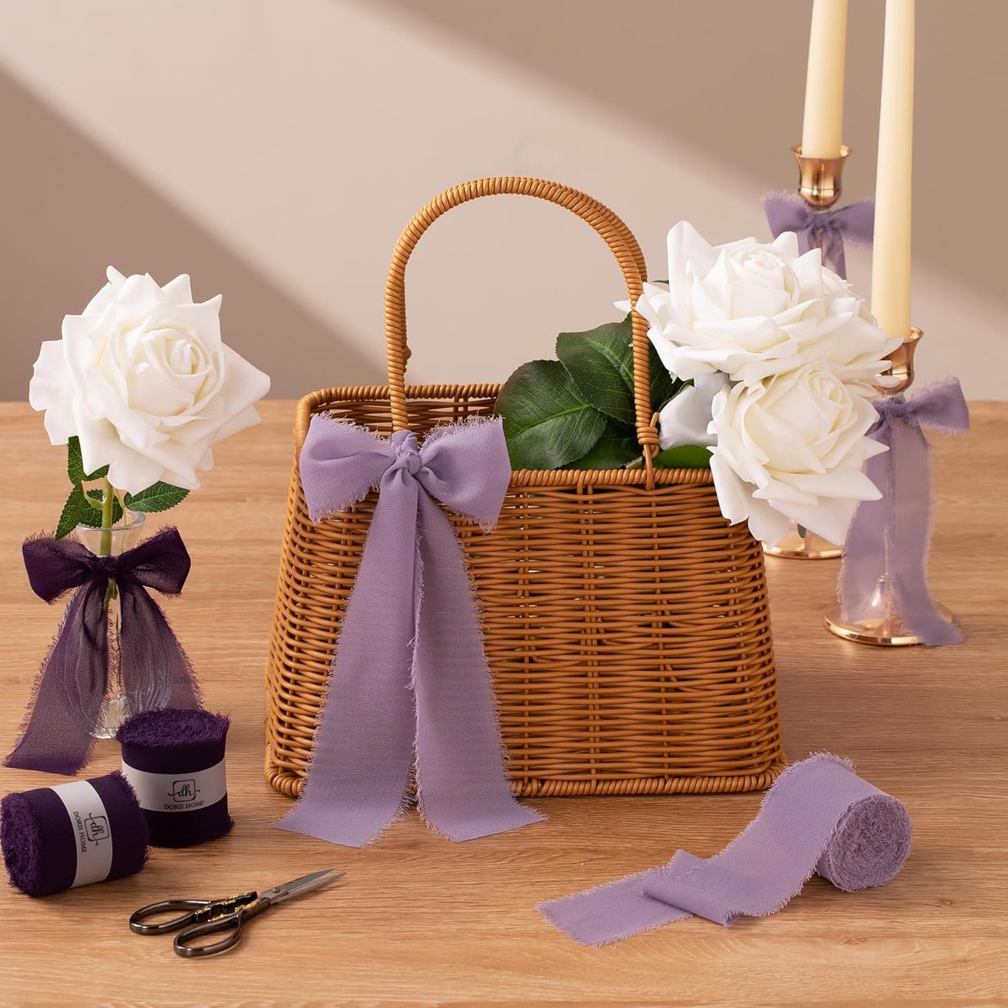 DORIS HOME Plum Chiffon Ribbon for Flower Bouquet, 2" x21Yd Fabric Ribbon for Gift Wrapping, Handmade Frayed Ribbon for Wedding, Chiffon Silk Ribbon for Christmas Decorations