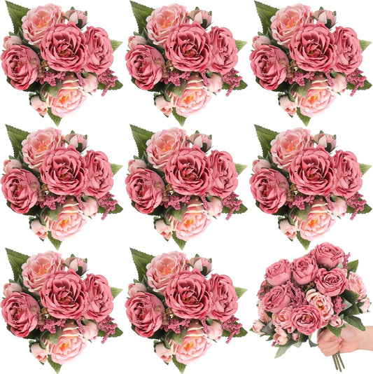 8 Bundles Artificial Peonies Flowers Boho Faux Flowers Arrangements Artificial Centerpiece Spring Bouquet Floral Wedding Decoration for Vase(Dark Pink)