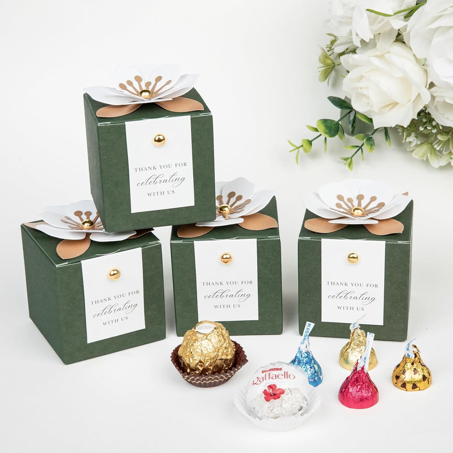 FEIYI 20 PCS Candy Boxes, 3 In 1 Olive Green Favor Boxes with Floral Decor, White Thank You Tags Gift wrapping for Wedding Birthday Baby Shower Decorations Party -2.55x2.55x2.55''