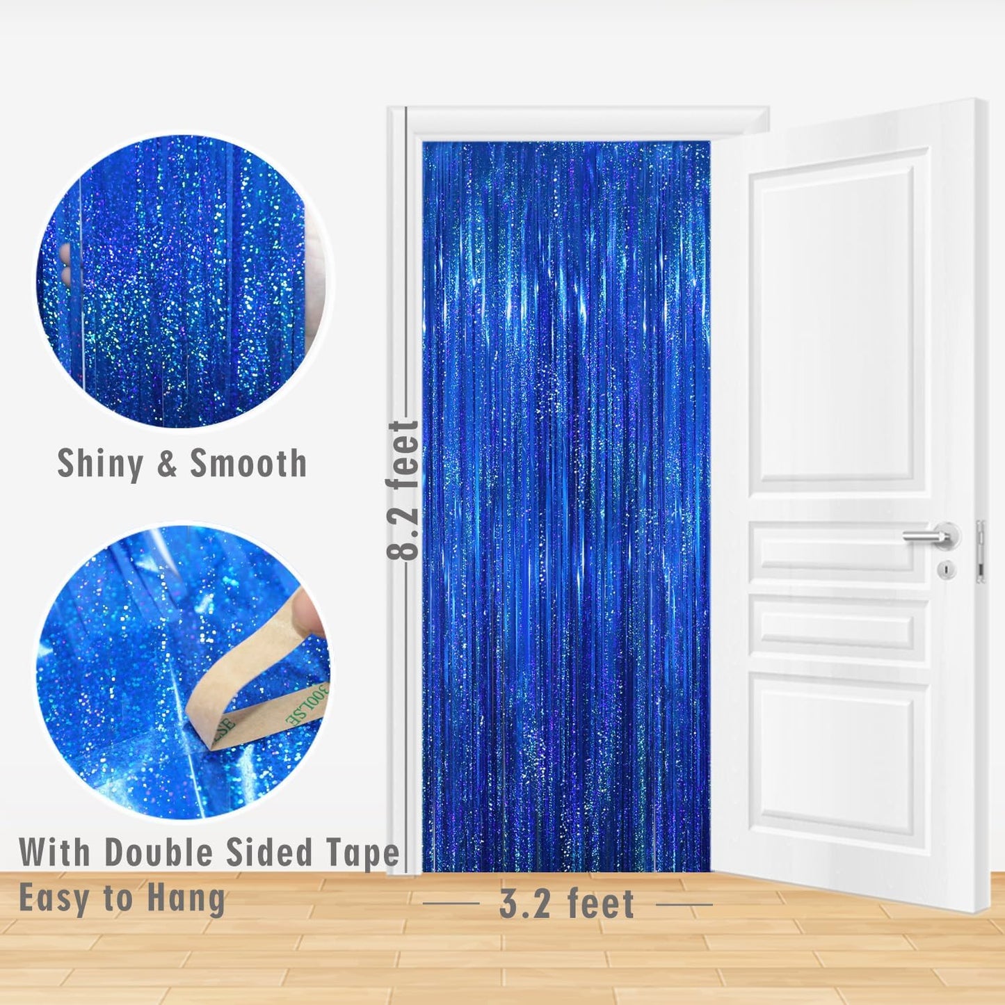 GOER 3.2 ft x 8.2 ft Metallic Tinsel Foil Fringe Curtains Party Photo Backdrop Party Streamers for Birthday,Graduation,New Year Eve Decorations Wedding Decor(4 Packs,Shiny Blue)