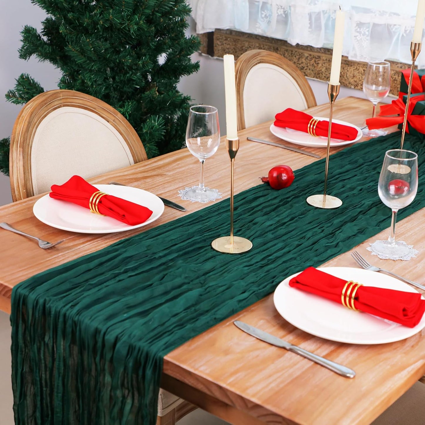 Snowkingdom Emerald Green Table Runner 120 Inch 10 Ft Rustic Boho Dark Green Cheese Cloth Runner for Wedding Bridal Baby Shower Birthday Party Christmas Sheer Gauze Home Table Centerpiece Deocrations