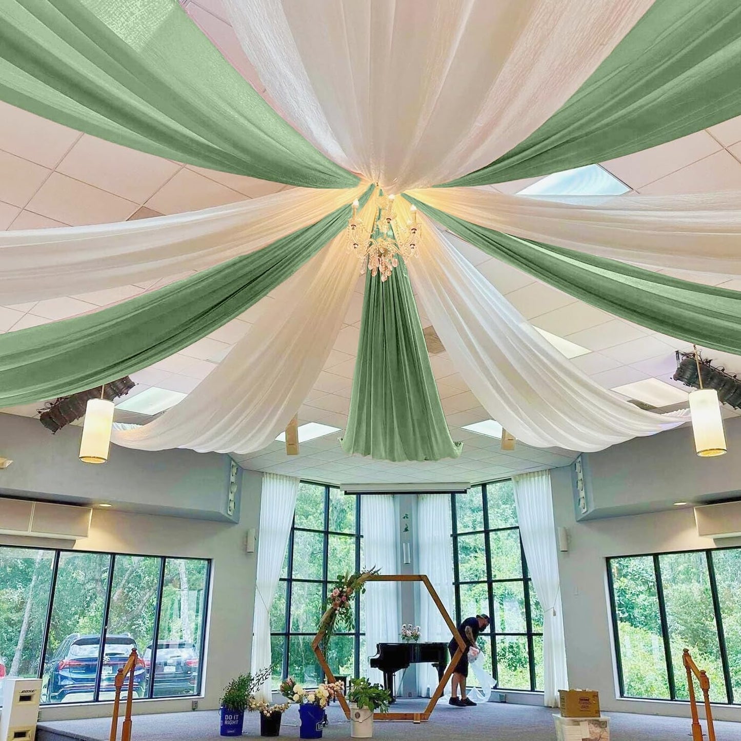 MODFUNS Ceiling Drapes for Weddings Sage Green Ceiling Draping Fabric 2 Panels 5x30ft Chiffon Wedding Arch Drapery Sheer Curtain Drapes Voile Ceiling Curtain for Wedding Party Ceiling Decor