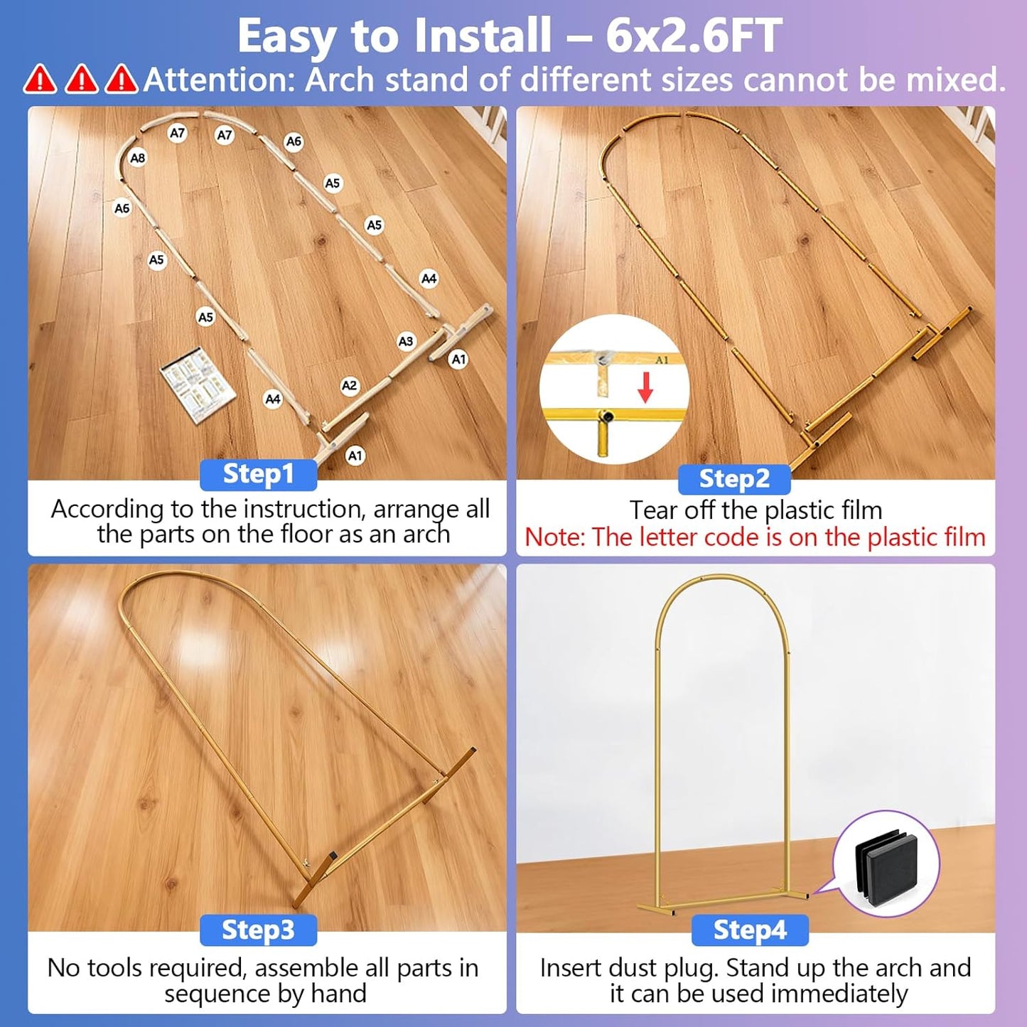 Hemmotop Metal Arch Backdrop Stand Set of 3, 6 ft/ 5 ft/ 4 ft Party Arch Stands for Wedding, Birthday, Baby Shower, Bridal Shower - Balloon Arched Frame for Garden Decor, Gold Floral Arches, 3 Pieces