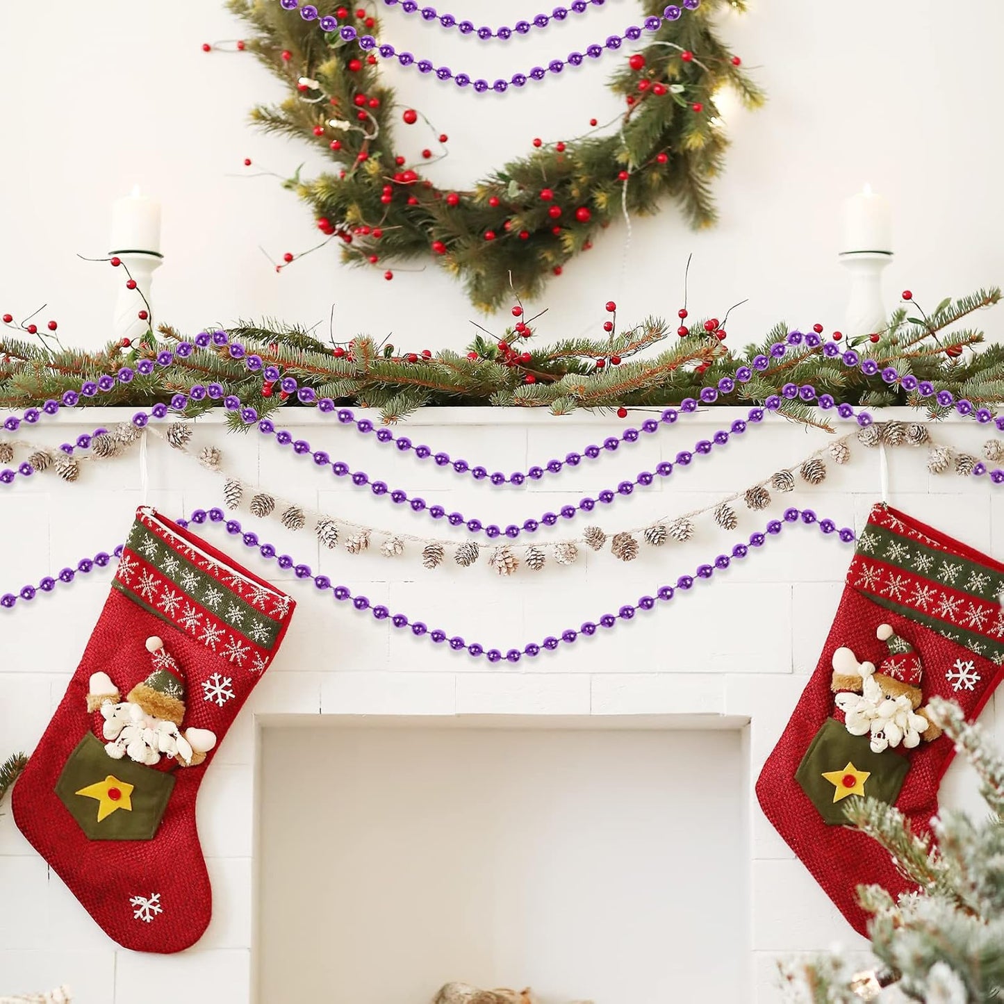 Faux Purple Pearl Beads Garland - 6mm Christmas Tree Beads 22 Yards Spool Pearl String Roll for Wedding Party Christmas Tree Decoration