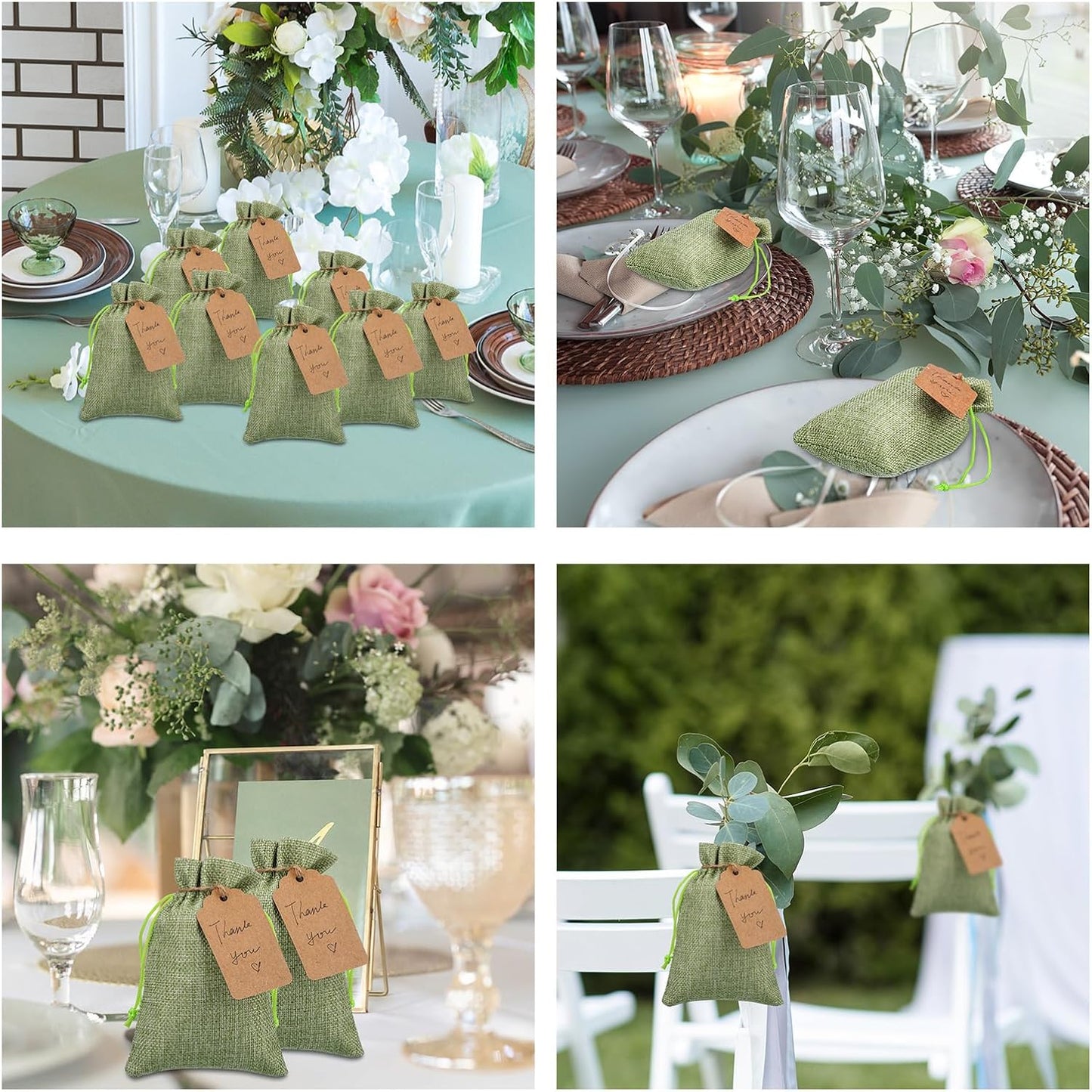 Woanger 100 Pcs Burlap Gift Bags with 100 Pcs Kraft Paper Gift Tags with Drawstring Favor Bulk Burlap Sack Bags for DIY Wedding Party Craft(4 x 6 Inch,Sage Green)