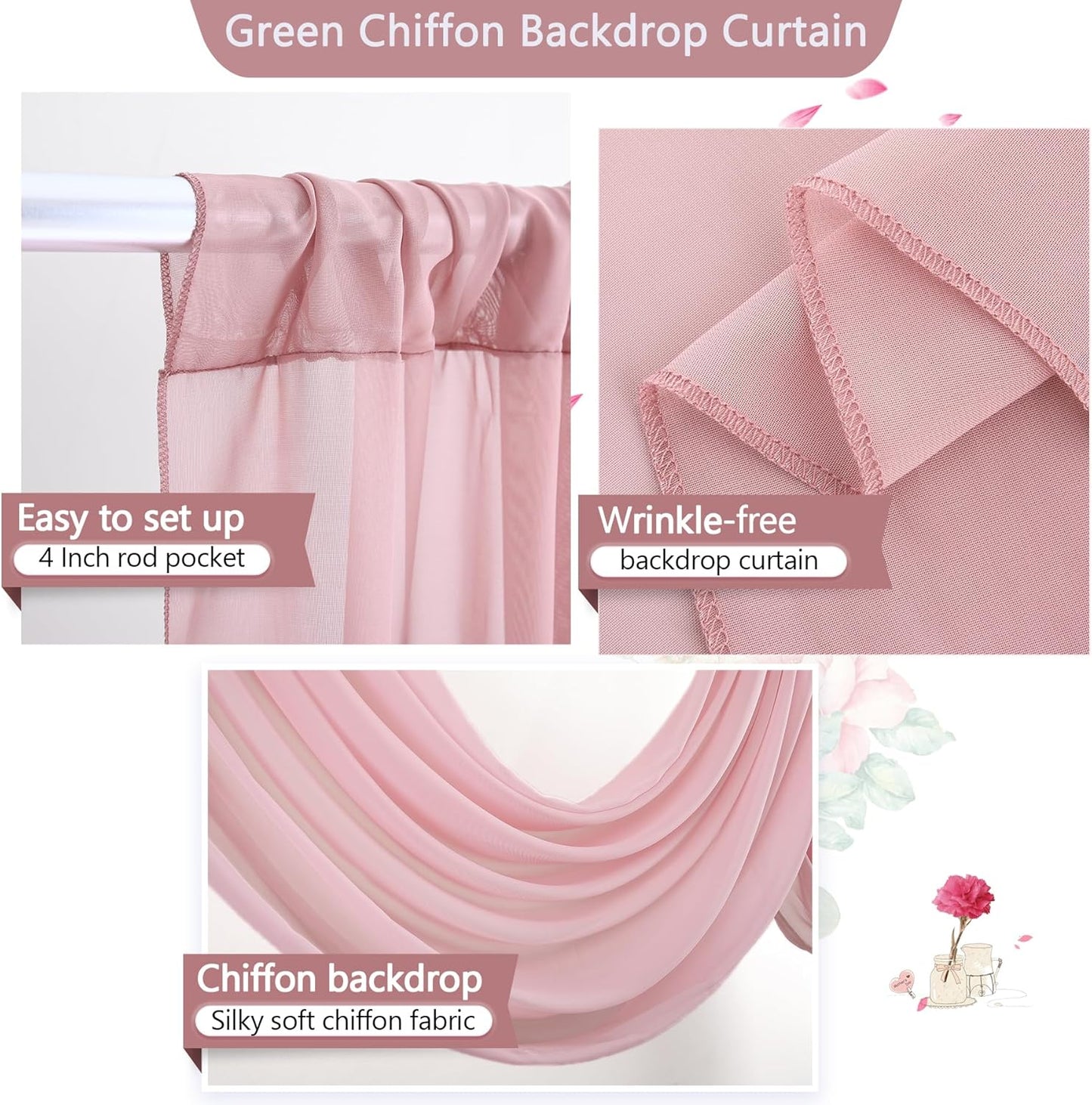 PARTISKY 10x7ft Dusty Rose Chiffon Backdrop Curtains, Wrinkle-Free Sheer Fabric Photo Drapes for Wedding Ceremony Arch Birthday Baby Shower Photography Stage Decor 5X 7ft, 2 Panel