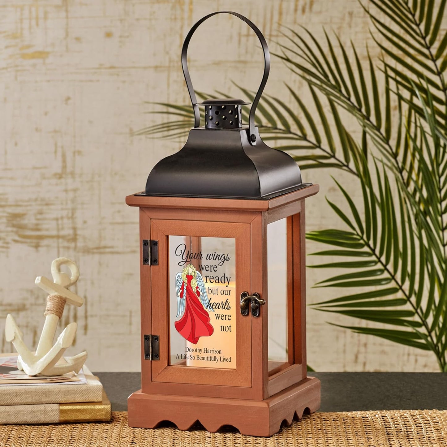 Let's Make Memories Personalized Memorial Lantern - Sympathy - Condolences - in Memory - LED Candle - Automatic Timer - Wood/Metal - Wings of Love
