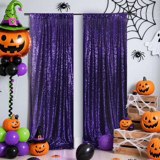 Poise3EHome 2ft x 8ft Purple Sequin Photography Backdrop Curtain 2 Panels for Party Decoration, Purple
