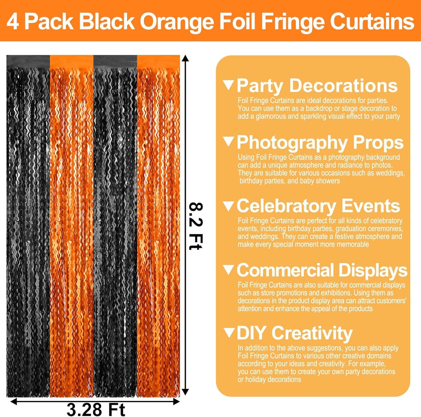 4 Pack Black Orange Wave Foil Fringe Curtain Backdrop, 3.28Ft x 8.2Ft Metallic Tinsel Foil Fringe Streamer Curtains for Photo Booth, Mother's Day, Easter, Birthday, Wedding Party Decoration