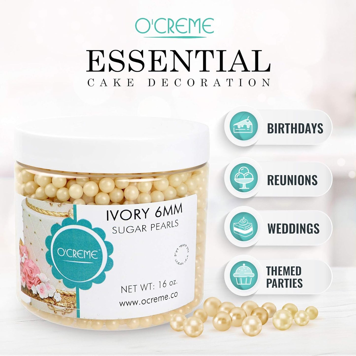 O'Creme Ivory Edible Sugar Pearls Cake Decorating Supplies for Bakers: Cookie, Cupcake & Icing Toppings, Beads Sprinkles For Baking, Certified, Candy Sugar Ball Accents (10mm, 11 Lbs)