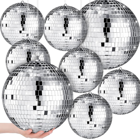 Haull 8 Pcs Large Disco Ball Set Silver Mirror Disco Reflective Ball with Hanging Ring Party Ornament Decoration for Stage Club Ballroom Dance Hall Wedding Prom Props(8'', 6'')